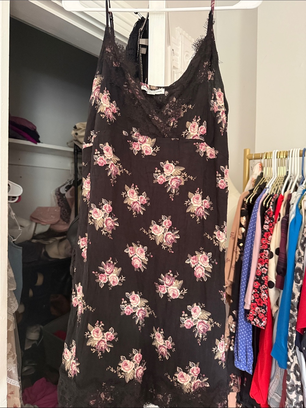 American Eagle Outfitters Black Slip Dress with Pink Floral Print